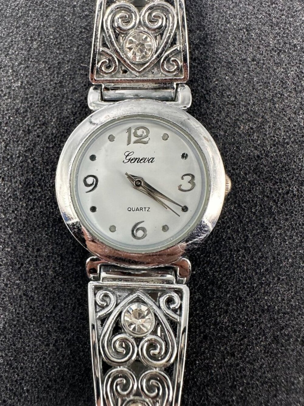 3/$30 Geneva Watch Womens Heart Rhinestone Stretch Band 26MM White Dial